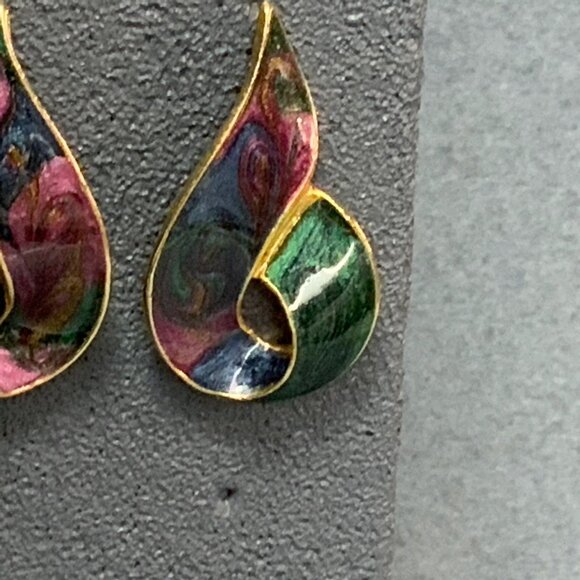 Swirled Teardrop Pierced Earrings 1.25 In Blue Green Purple Enamel Gold Retro - Picture 3 of 6